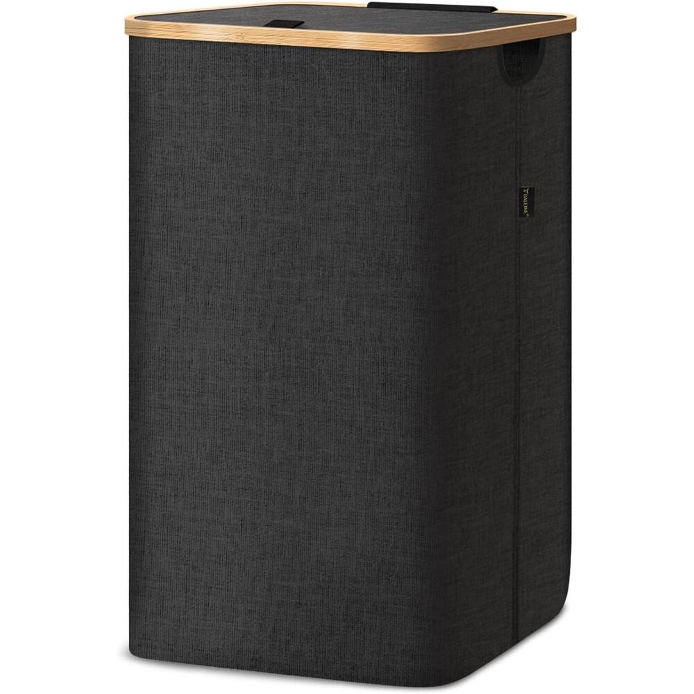 Laundry Hamper with Lid, Bamboo Pull Handles Internal Support 26Gal Carbon Black